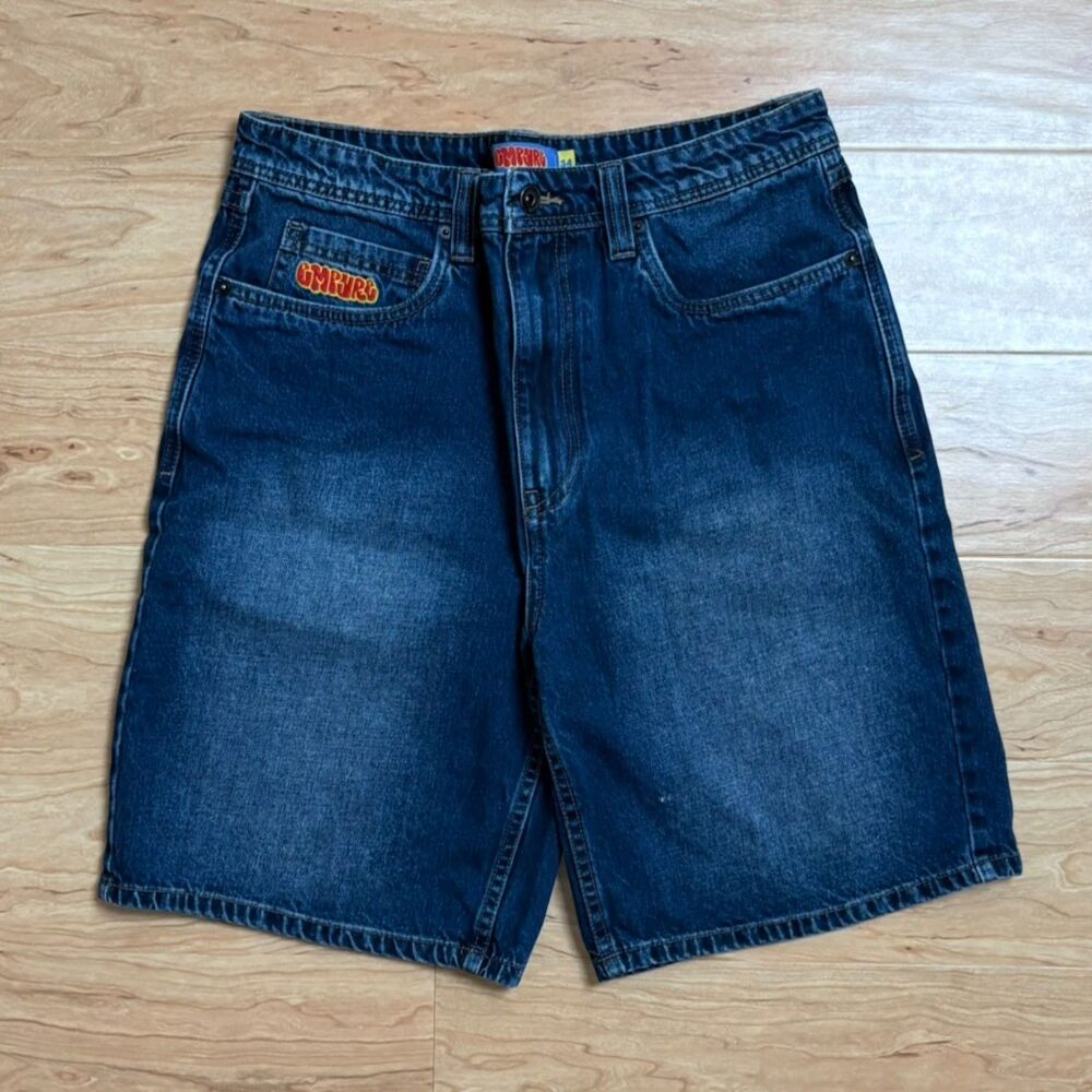 Empyre Blue Denim Shorts 34 Faded Wash Baggy Skater Jorts Embroidered Logo Patch